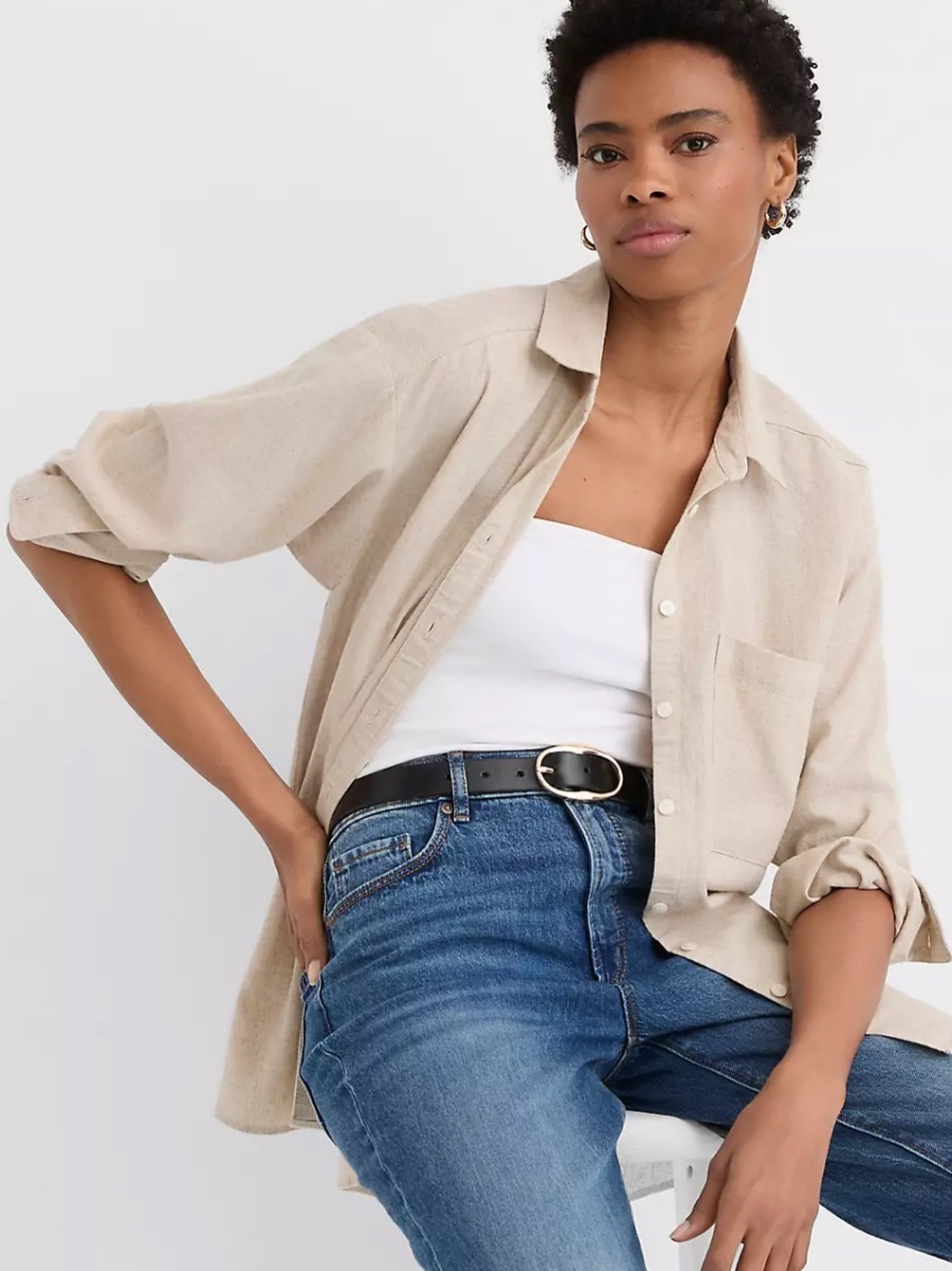 New LOFT Crosshatch Linen Cotton Oversized Everyday Button-Up Shirt XL Petite